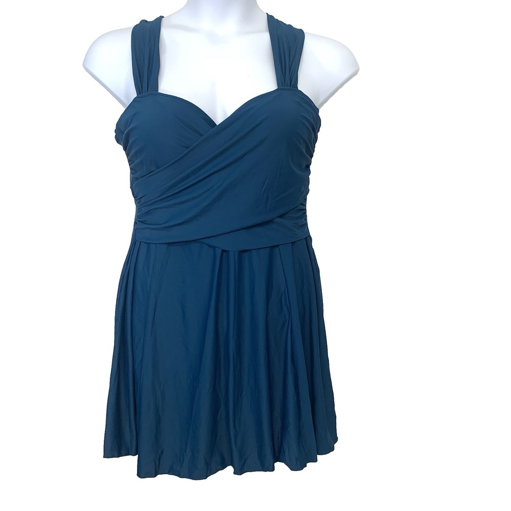 Cocopear Swim Dress 1 Piece 2X Cross Over Skirted Teal Bra Insert Beach Travel